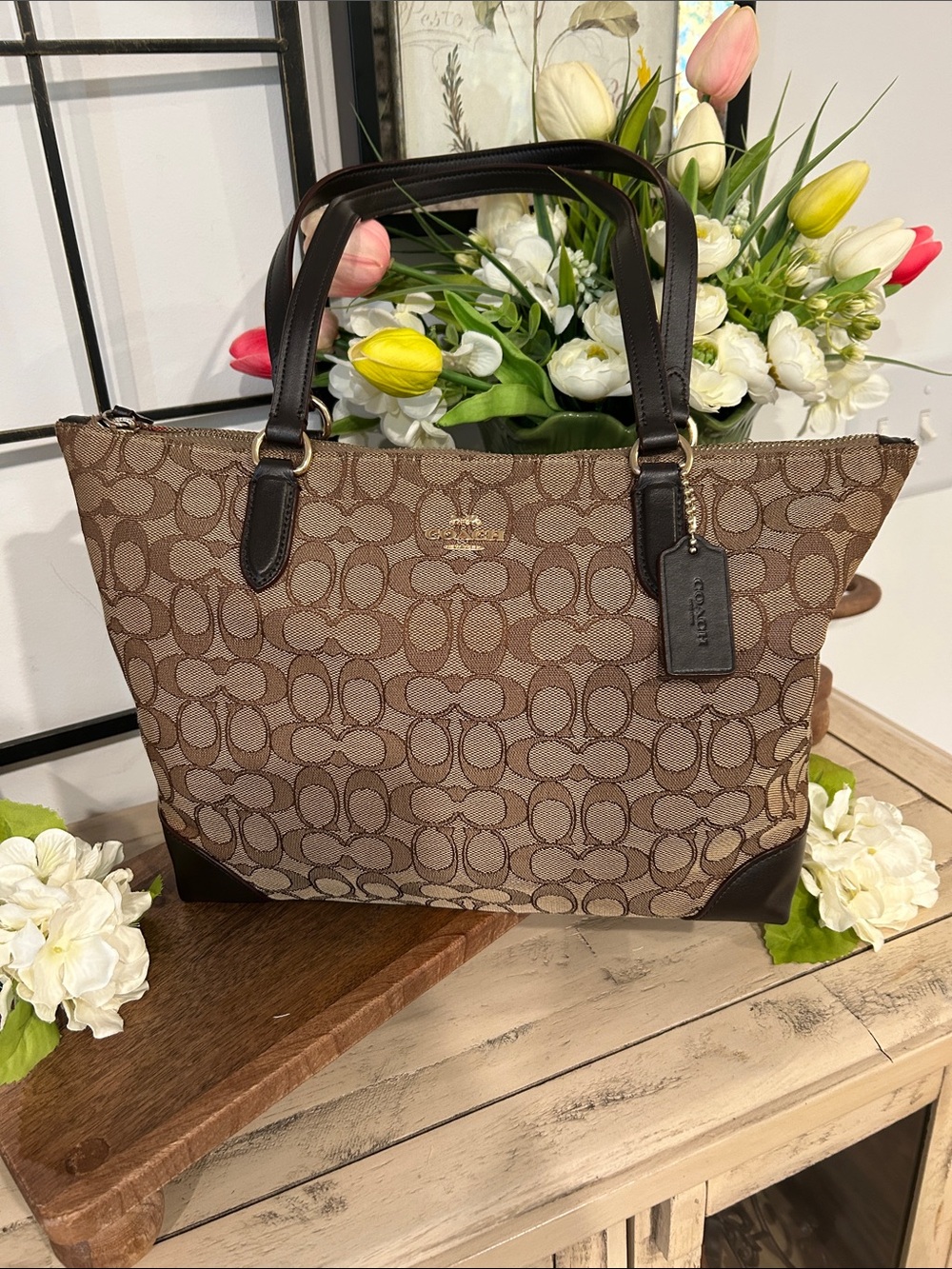 Coach Brown Signature Jacquard Tote with Dark Chocolate Trim